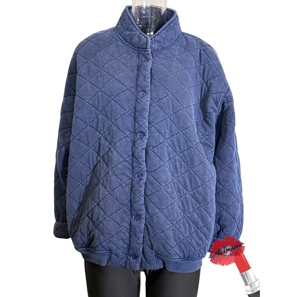 ABLE Nora Quilted Jacket Womens 1x Blue Bomber Mock Neck Soft Cozy Button Up